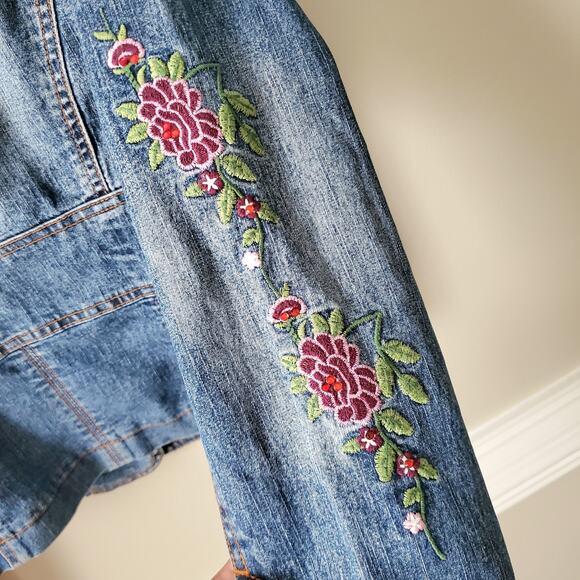 Y2K XOXO Women Denim Floral Embroidered Jacket Blazer S M Boho Phoebe Artsy - Picture 5 of 13